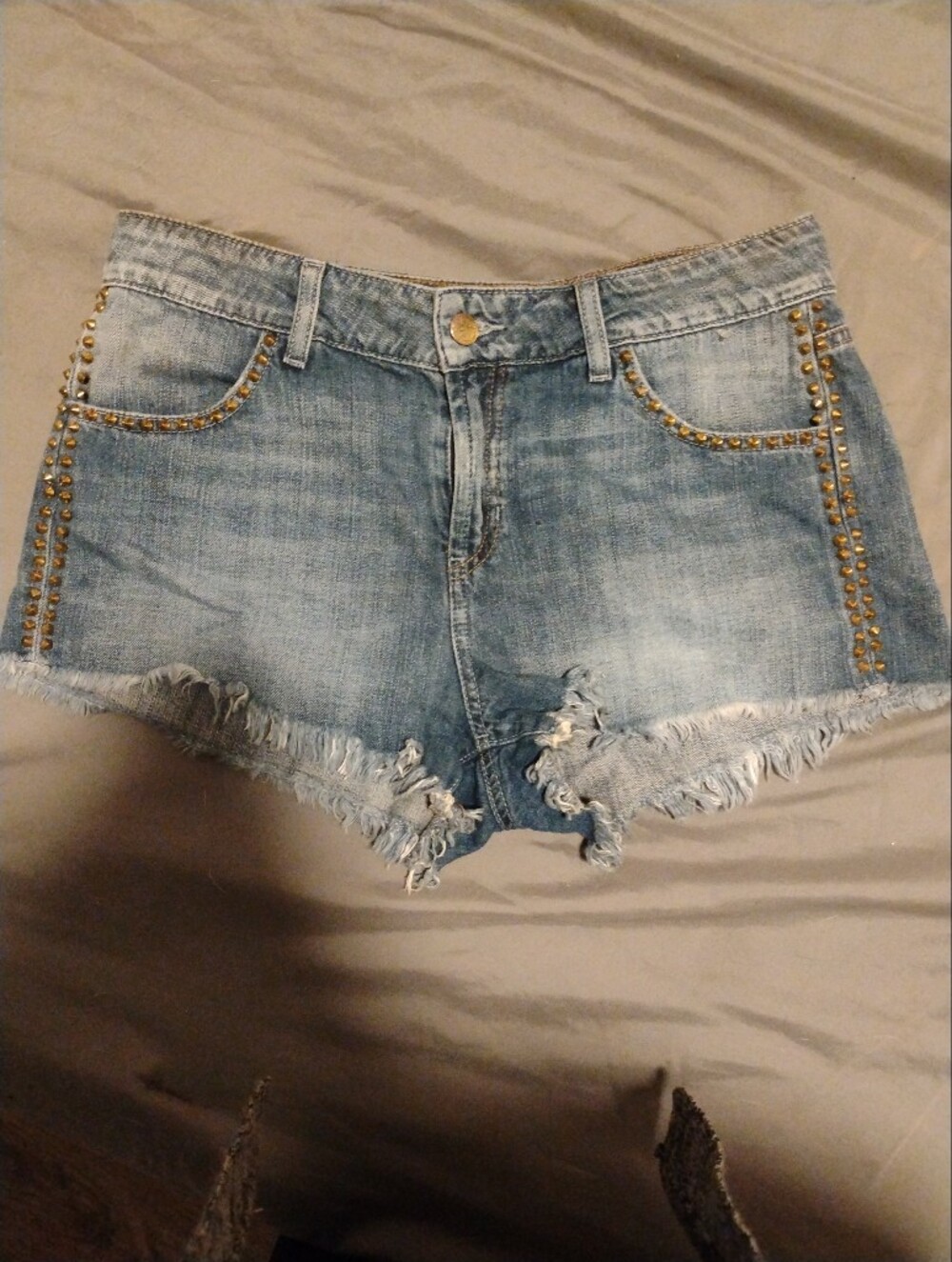 Guess Light Blue Frayed Denim Shorts with Gold Stud Detailing